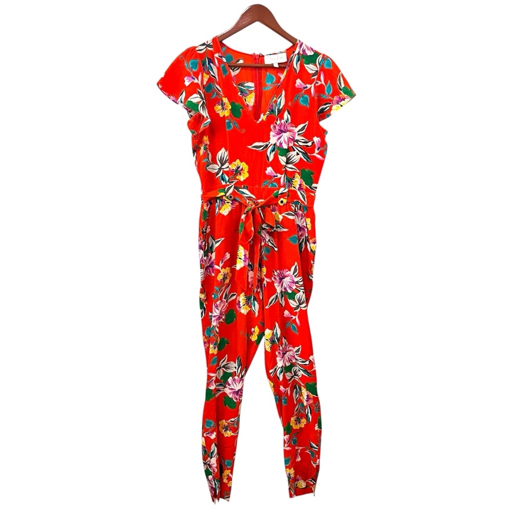 Yumi Kim 100% Silk Red Floral Jumpsuit S Vacation Vibrant Tropical Chic - Picture 2 of 12